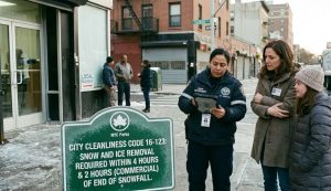 As cold weather approaches, a city official speaks with two women near a sign about snow removal regulations on a snowy city sidewalk, with several people in the background.