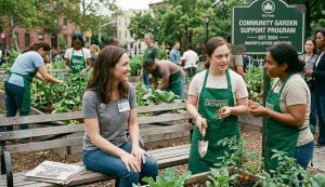 People work together in a community garden, planting and tending to plants. A sign in the background reads "Community Garden Support Program, Est. 2024 (Mayor’s Office Initiative)," supporting families who require support for developmentally disabled sons and daughters NYC.