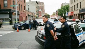 Two NYPD officers stand near a police car on a city street marked by crime scene tape, bystanders, and emergency vehicles in the background amid reports of an NYPD officer arrested in NYC.