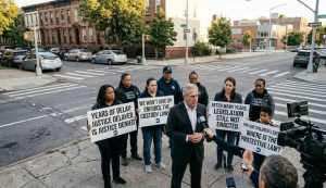 A group of people hold protest signs about custody laws, urging to Protect Children’s Safety NYC, as a man speaks to news reporters on a city street corner.