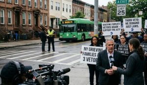 A group of people hold protest signs on a Brooklyn city street while a man is interviewed by a news reporter; a green bus and police officers are in the background, highlighting activism around the New York Grieving Families Act in NYC.
