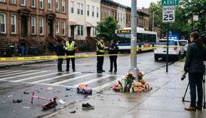 Police officers investigating street accident scene with yellow tape and debris.