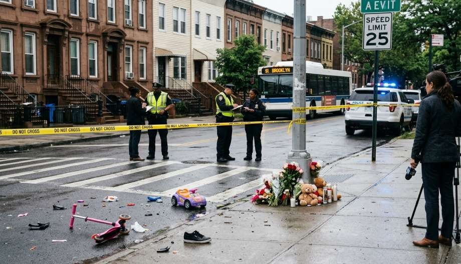 Police officers investigating street accident scene with yellow tape and debris.