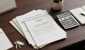 A stack of documents, including a vocational evaluation report on working below pay grade, sits on a desk with a calculator, notebook, potted plant, keys, and the corner of a calendar.