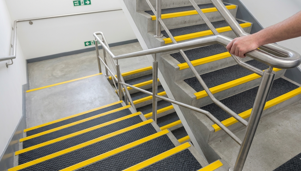 A person holds a stainless steel handrail on a concrete stairwell with yellow safety strips and non-slip black surfaces, highlighting measures that address being liable for stairway slips and falls. Emergency exit signs are visible on the walls.