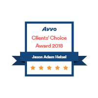 Avvo Clients’ Choice Award 2018 badge, proudly featured on Homepage V6, displays five stars and the name Jason Adam Heisel on a distinguished blue ribbon.