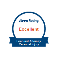 Circular badge with "Avvo Rating Excellent" and a blue ribbon below that reads "Featured Attorney Personal Injury," perfect for showcasing on your Homepage V6.