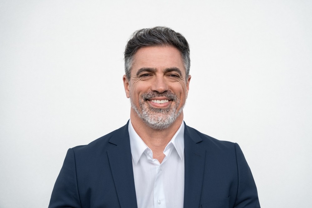 A middle-aged man with short gray hair and a beard, wearing a navy suit jacket and white shirt, smiles in front of a plain white background for the Homepage V6.