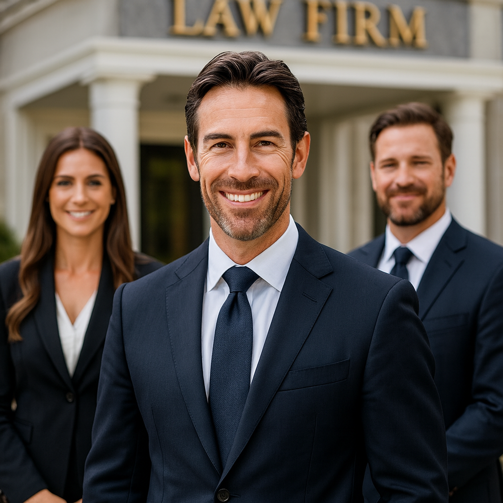 Three professionally dressed people stand in front of a building with a "Law Firm" sign, smiling and posing for the camera—perfect for showcasing your team on Landing Page V7.