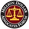 A circular logo with a gold balance scale in the center, surrounded by the words "Million Dollar Advocates Forum" on a black and red background, highlighting the expertise of Our Attorneys NYC.