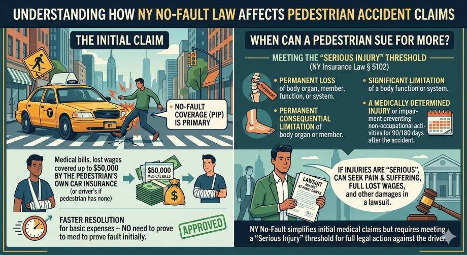 Infographic shows how No-Fault Law affects pedestrian accident claims in NY, detailing initial claims, coverage, the “serious injury” threshold, and when lawsuits may be filed.