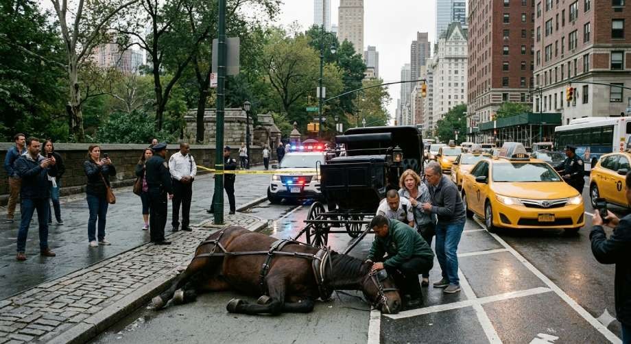 Emergency responders and bystanders assisting a horse lying on a busy city street.