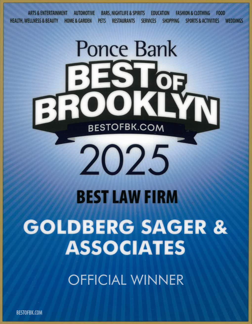 A plaque announcing Goldberg Sager & Associates as the official winner of Best Law Firm in the 2025 Ponce Bank Best of Brooklyn awards, celebrating this leading Brooklyn Law Firm NYC.