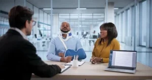 A man with a neck brace and arm sling sits beside a woman across from another man at an office desk with a laptop and documents.