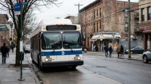 MTA bus route 208 stopped at New York City urban street intersection