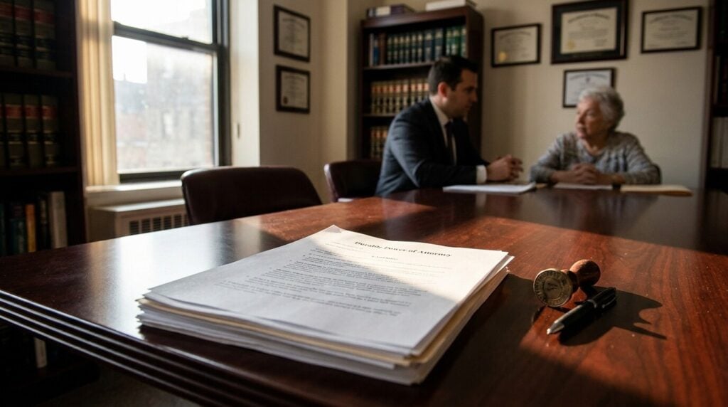 Durable Power of Attorney document on desk with attorney and client meeting