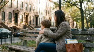 mother and young child sitting together on park bench with legal documents nearby