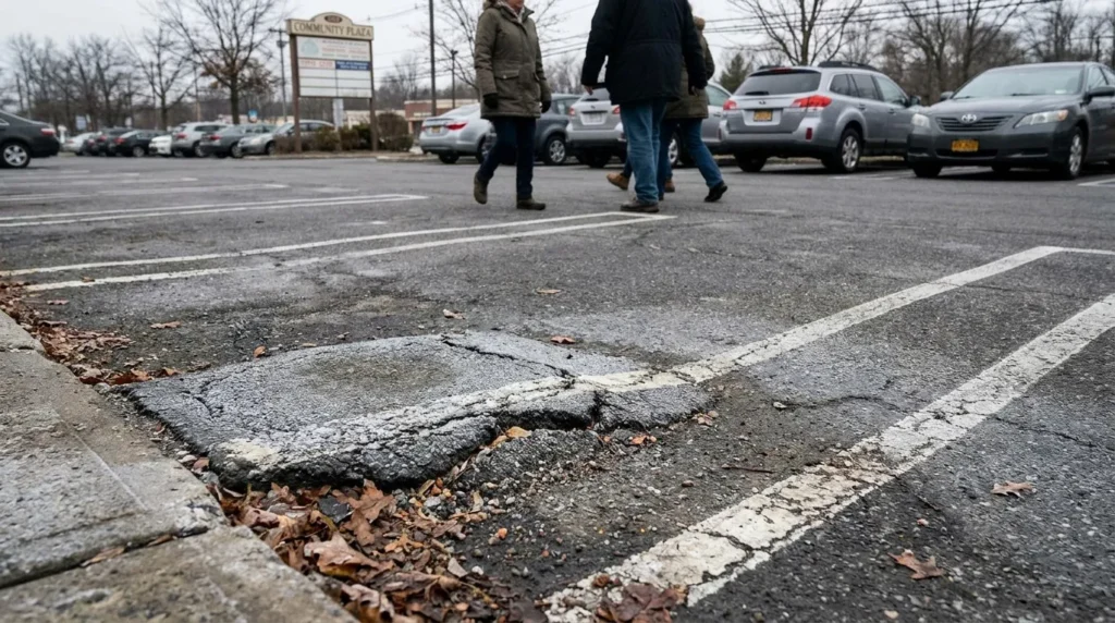 cracked and uneven pavement at Community Plaza parking lot with pedestrians walking nearby