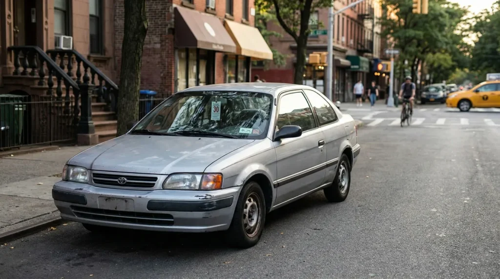 Toyota sedan parked on urban city street with pedestrians and taxi visible