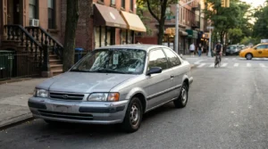 Toyota sedan parked on urban city street with pedestrians and taxi visible