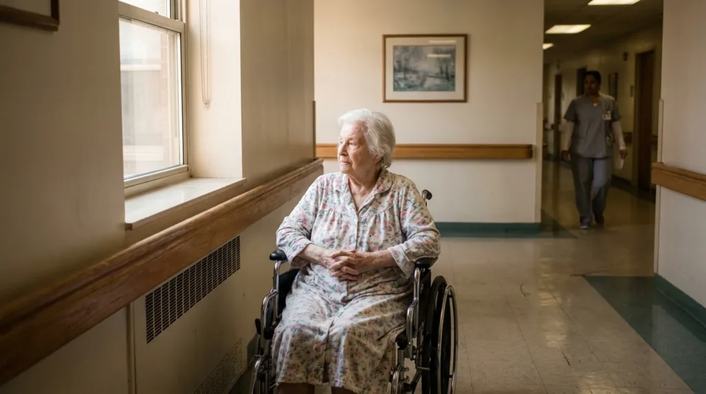 elderly woman in wheelchair seated alone in nursing home hallway near window