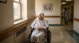 elderly woman in wheelchair seated alone in nursing home hallway near window