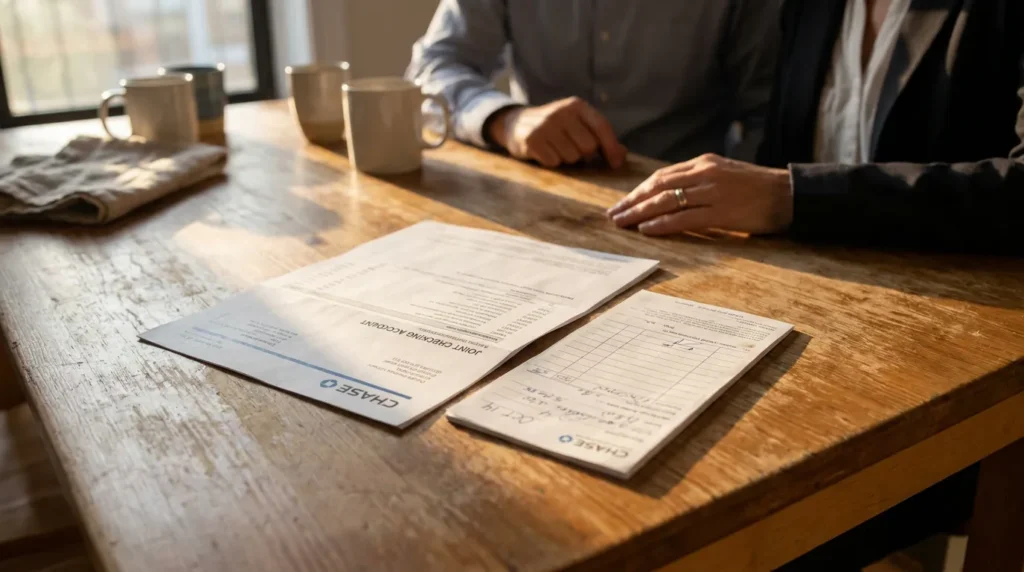 Chase joint checking account bank statements spread on wooden table during meeting