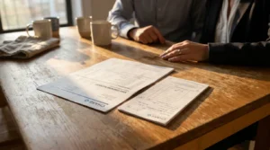 Chase joint checking account bank statements spread on wooden table during meeting