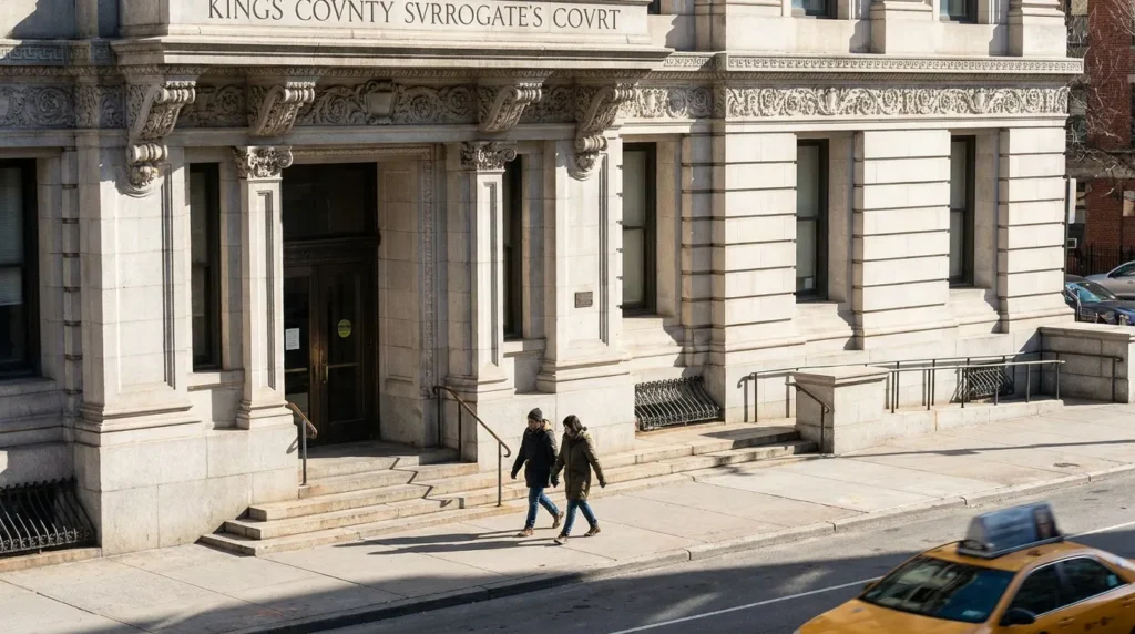 Kings County Surrogate's Court building exterior with two pedestrians walking past