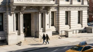 Kings County Surrogate's Court building exterior with two pedestrians walking past