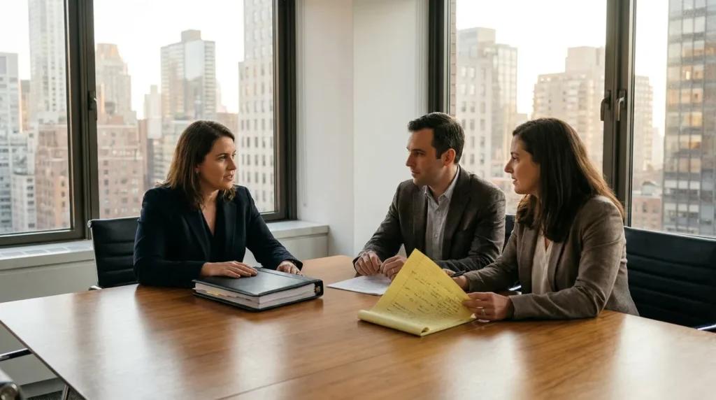 attorney meeting with two clients at conference table with legal binder and notepad