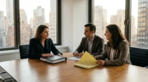 attorney meeting with two clients at conference table with legal binder and notepad