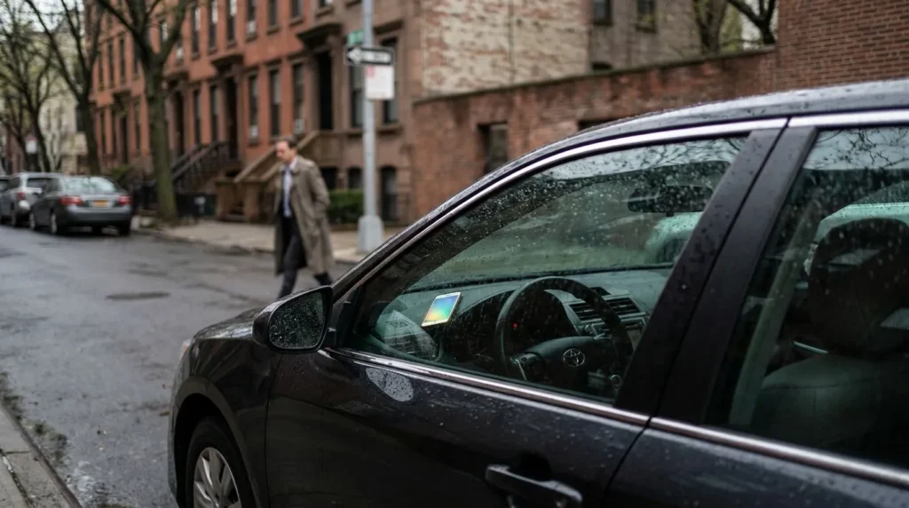 Toyota sedan parked on urban street with man walking on sidewalk nearby