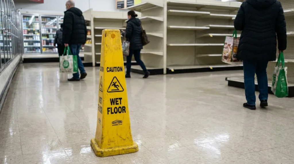 Caution Wet Floor warning cone placed in grocery store aisle near shoppers