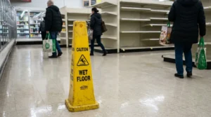 Caution Wet Floor warning cone placed in grocery store aisle near shoppers
