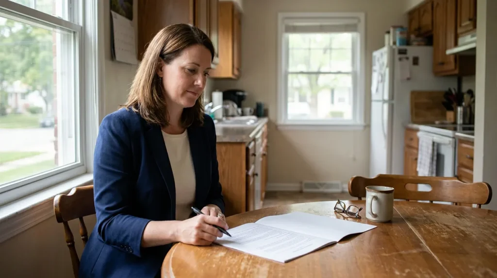 woman in blazer reviewing legal documents at kitchen table with pen