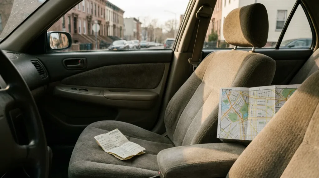 car interior with Brooklyn street map and folded document on front seats