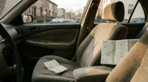 car interior with Brooklyn street map and folded document on front seats