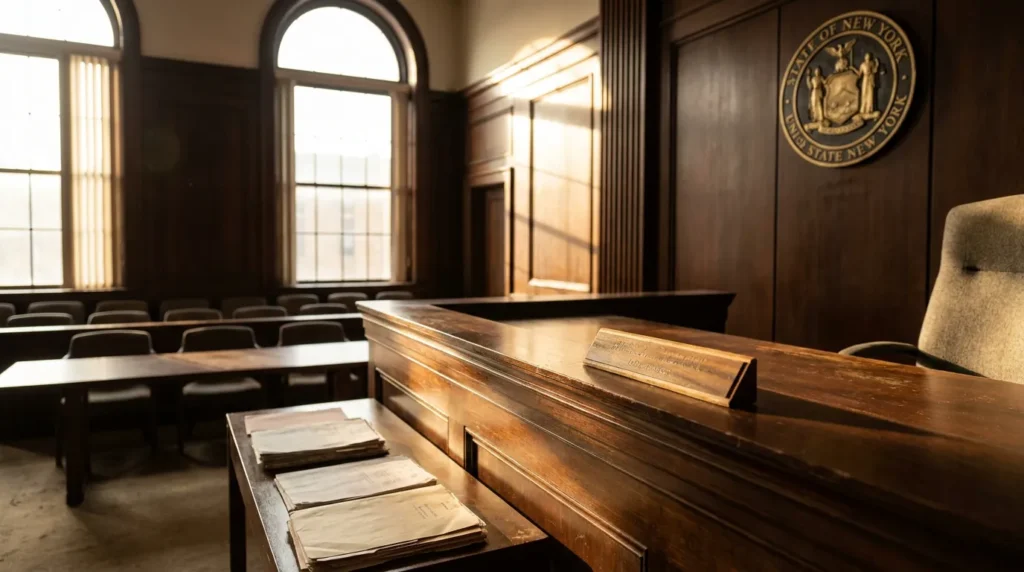 State of New York courtroom interior with judge's bench and legal documents