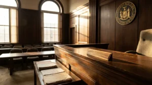 State of New York courtroom interior with judge's bench and legal documents