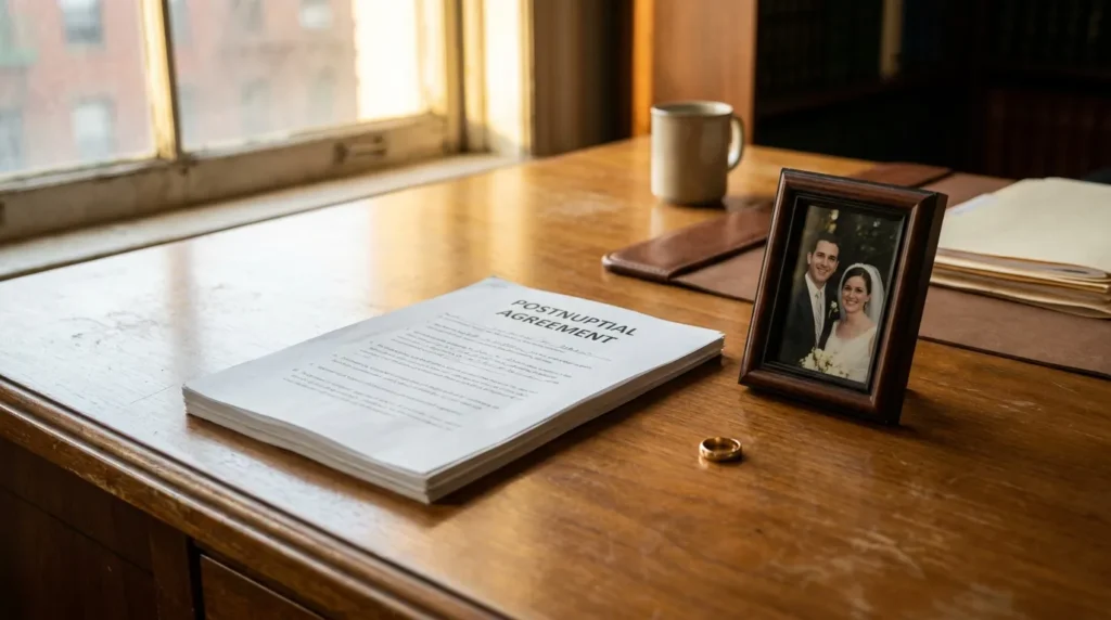 Postnuptial Agreement document on desk beside framed wedding photo and ring