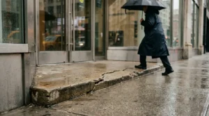 pedestrian with umbrella walking past cracked deteriorated sidewalk curb in rain