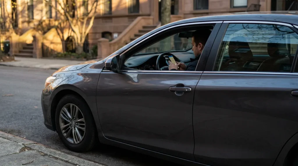 driver holding smartphone while seated behind wheel of parked sedan