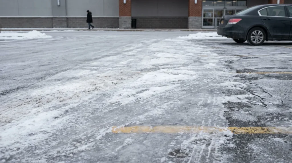 icy snow-covered parking lot with pedestrian walking near commercial building entrance