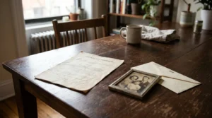 Last Will and Testament document beside vintage family portrait and envelope on wooden table