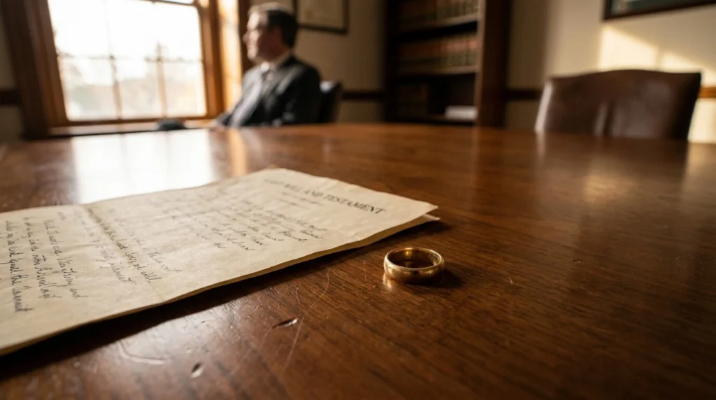 A gold ring and a handwritten document labeled “Last Will and Testament” lie on a wooden table; a man in a suit sits blurred in the background near a window.