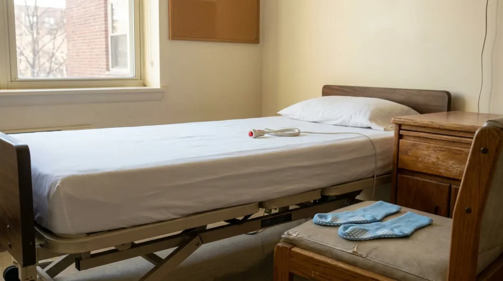 empty hospital bed with call button and grip socks on bedside chair