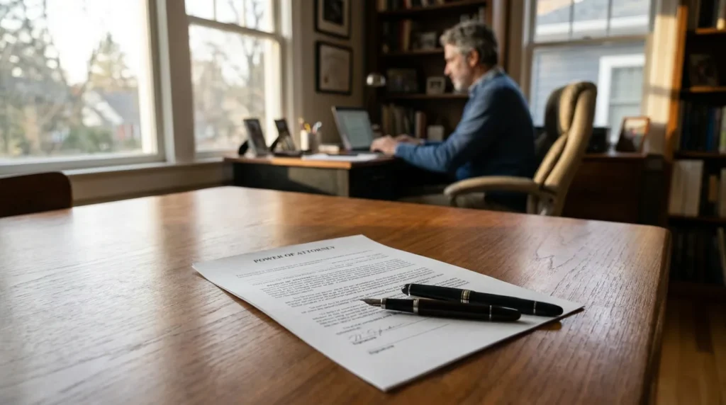 Power of Attorney document and fountain pen on wooden desk in law office