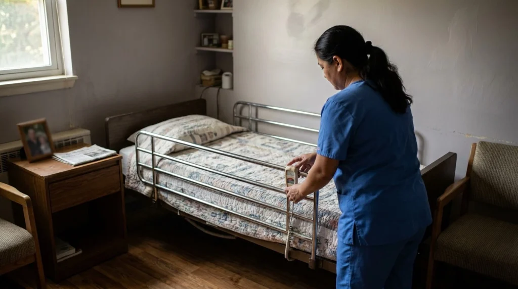 A person in scrubs raises the safety rail on a bed in a modest, sunlit room with a wooden floor and minimal furniture.