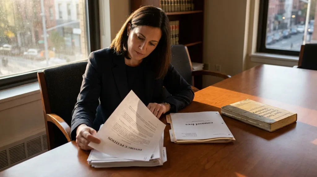 attorney reviewing divorce petition and counsel fees documents at office desk